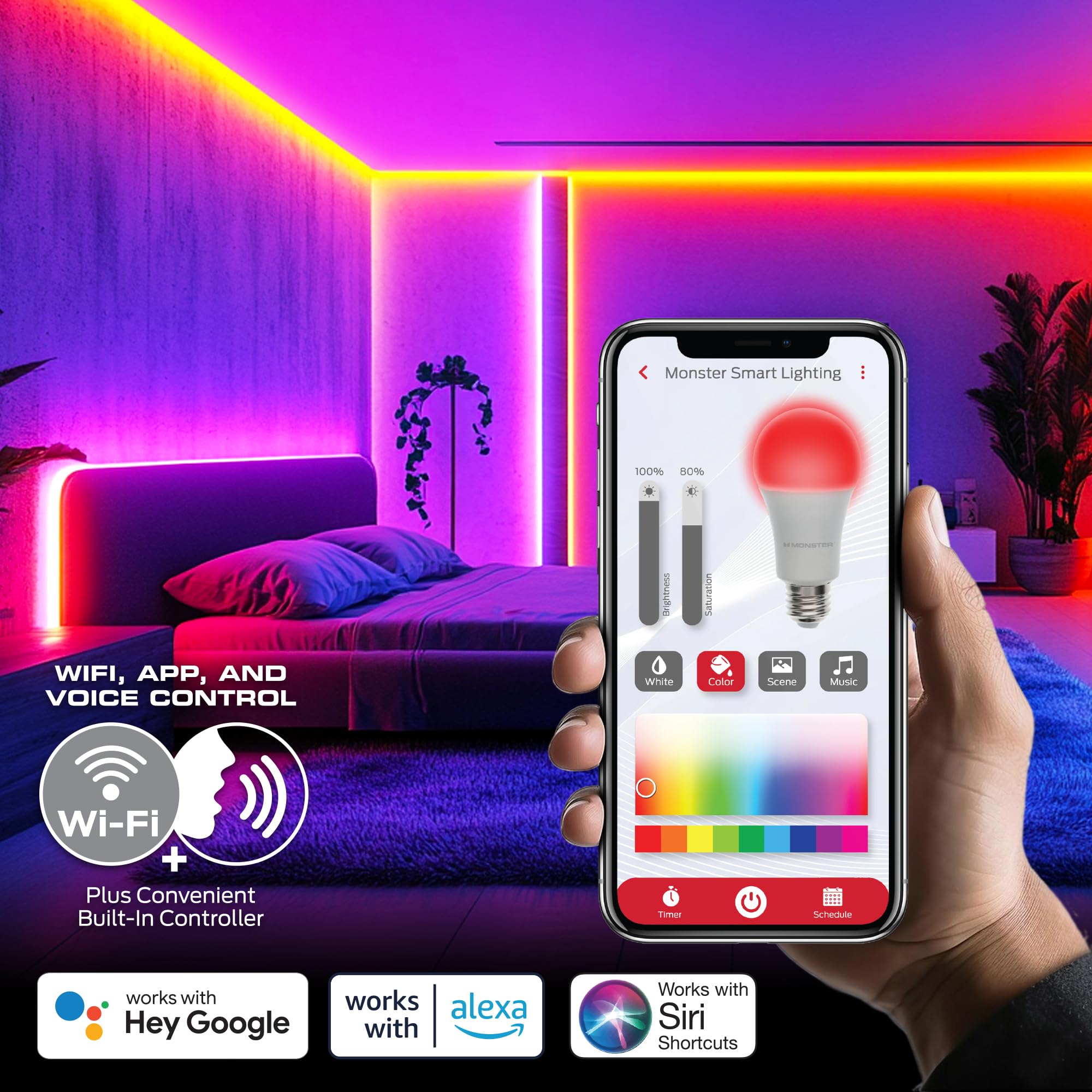 Monster Smart RGB strip 100ft bedroom wall installation enables wide, immersive ambiance