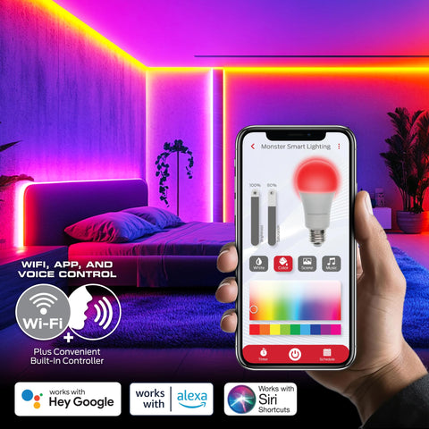 Monster Smart RGB strip 100ft bedroom wall installation enables wide, immersive ambiance