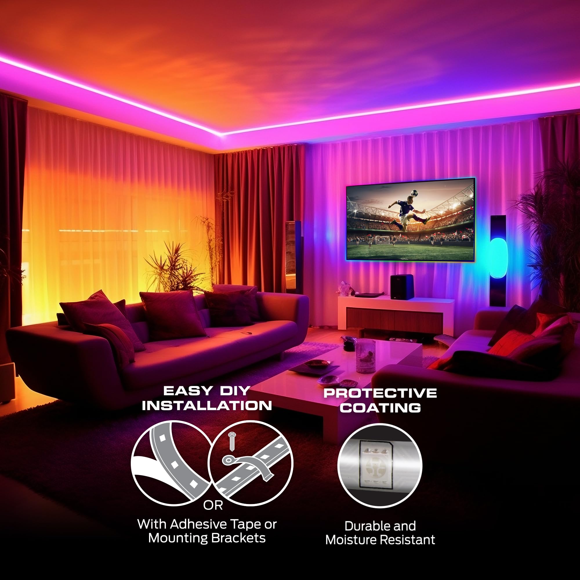 Monster Smart RGB strip 100ft ceiling ambient lighting creates soft, adjustable mood