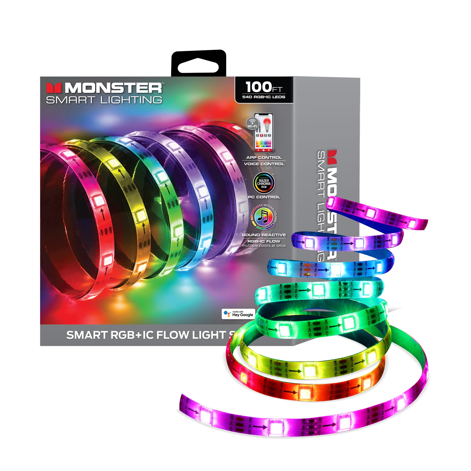 Monster Smart RGB strip 100ft packaging highlights length and setup versatility