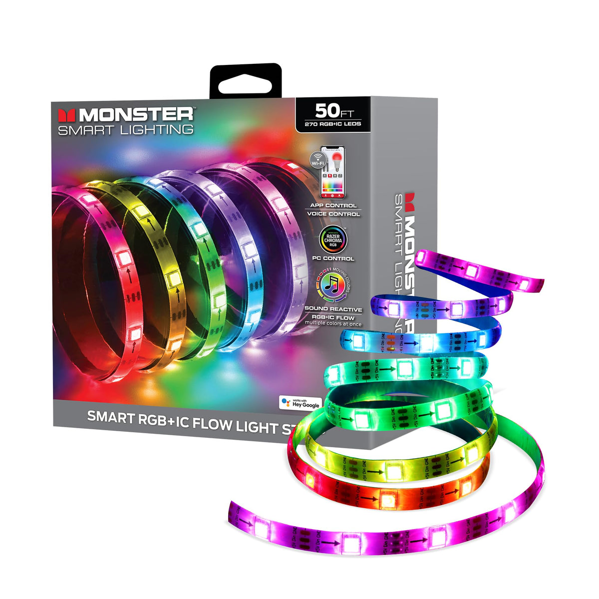 Monster Smart RGB LED strip 50ft glows along walls and ceiling for immersive lighting.