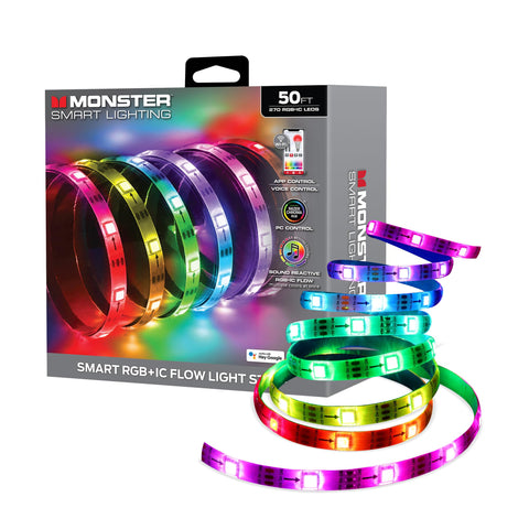 Monster Smart RGB LED strip 50ft glows along walls and ceiling for immersive lighting.