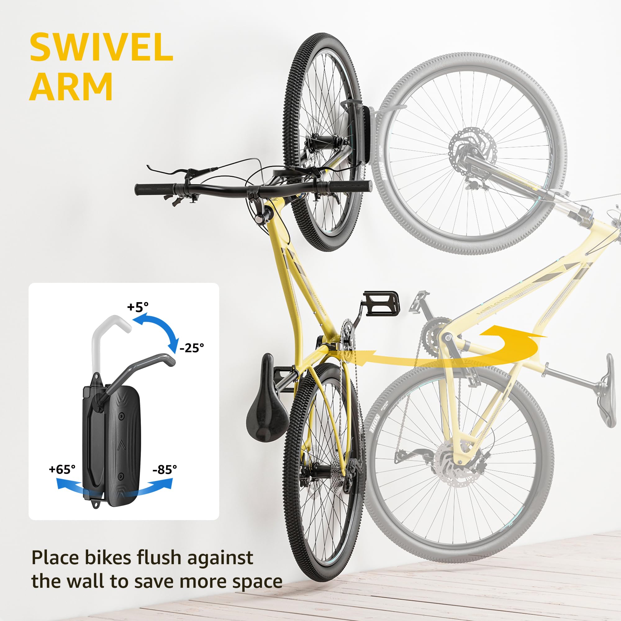 Montek garage bike hanger stores bikes vertically, freeing valuable floor space.
