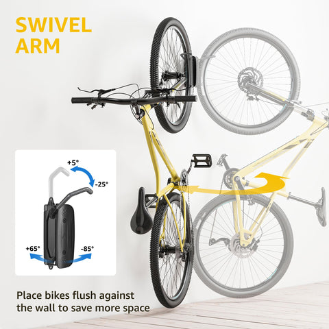 Montek garage bike hanger stores bikes vertically, freeing valuable floor space.