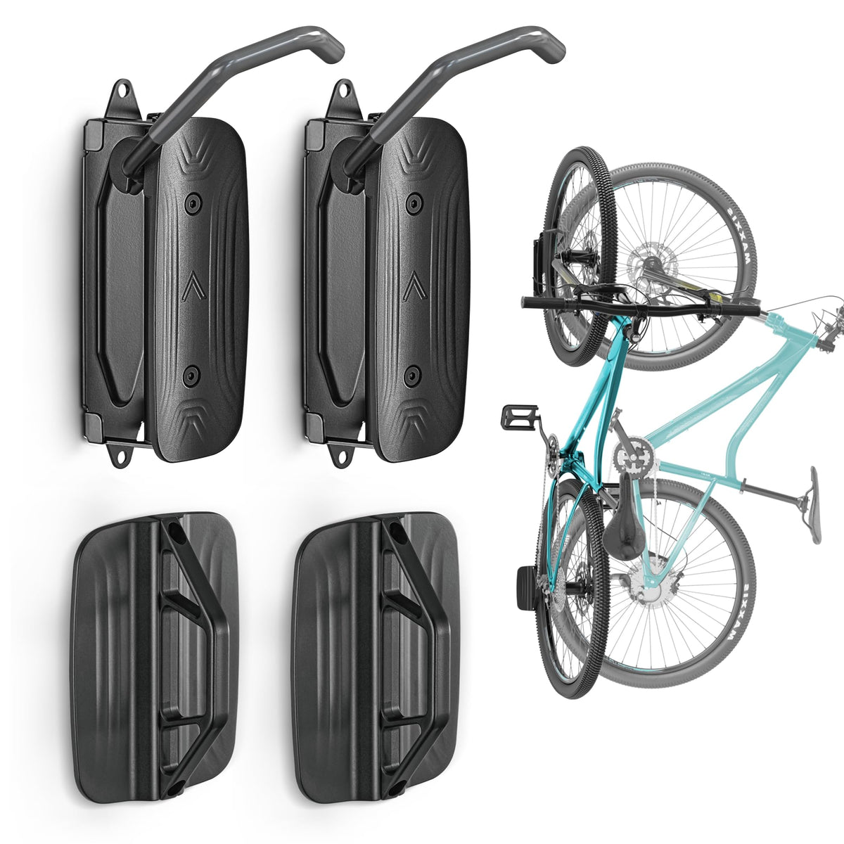 Montek swivel bike wall mount 2-pack in garage, holds bikes securely up to 66 lbs.