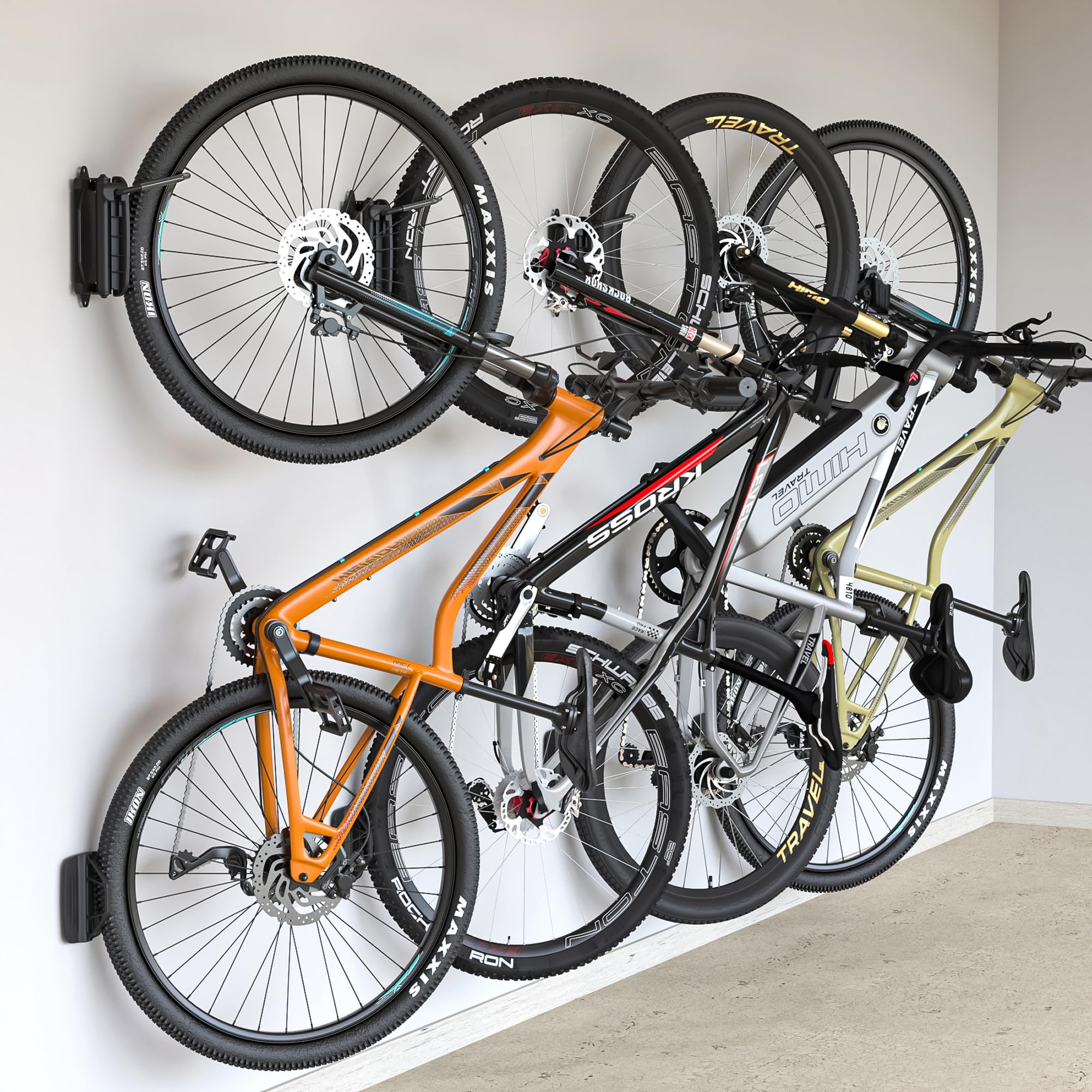 monTEK Swivel Bike Wall Mount four-pack packaging demonstrates space-saving storage solution