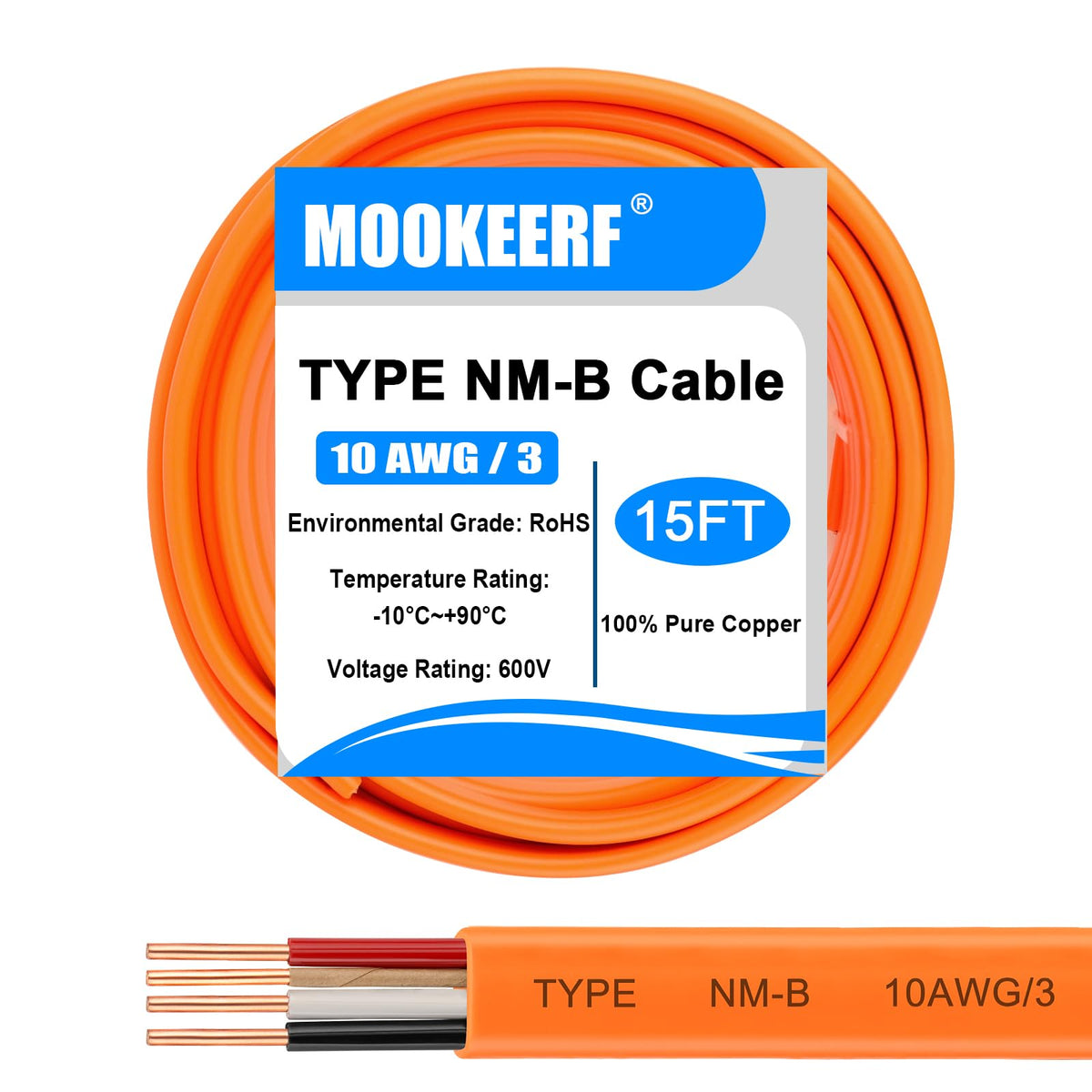 MOOKEERF 10/3 wire with ground 15ft for safe residential outlets and lighting circuits