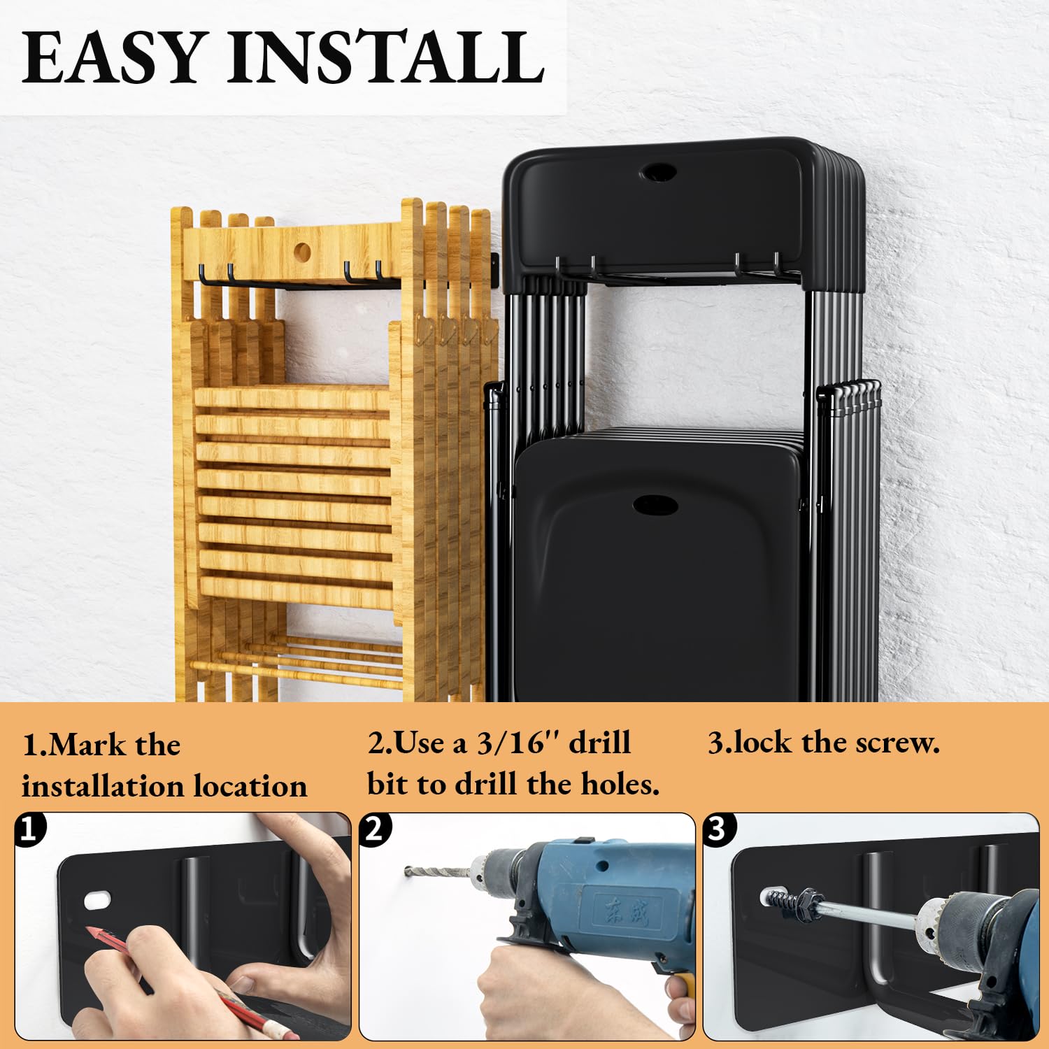 MOOMSINE 12.2-inch long rack saves wall space for tools and chairs.