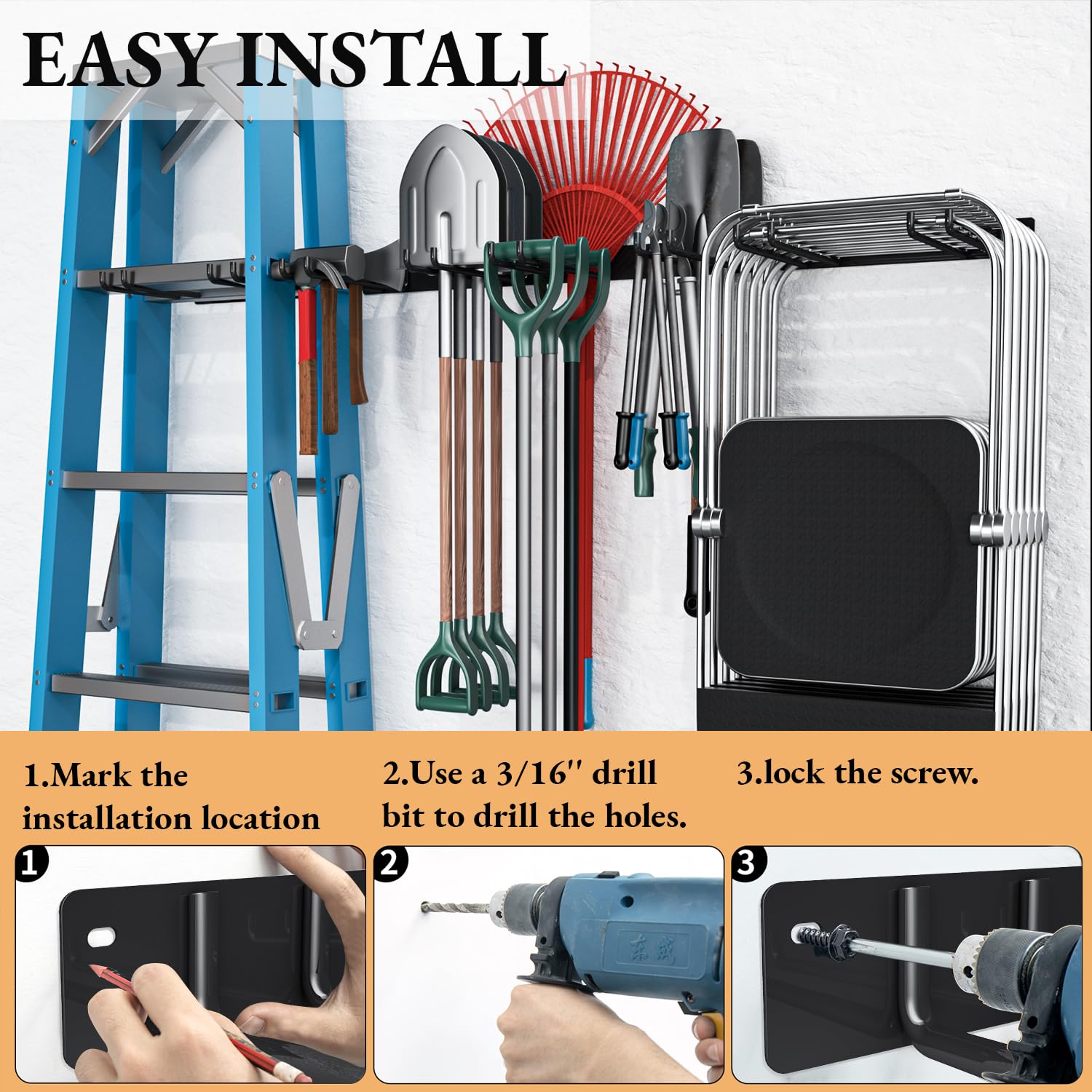 MOOMSINE versatile rack stores chairs and tools for patio or garage