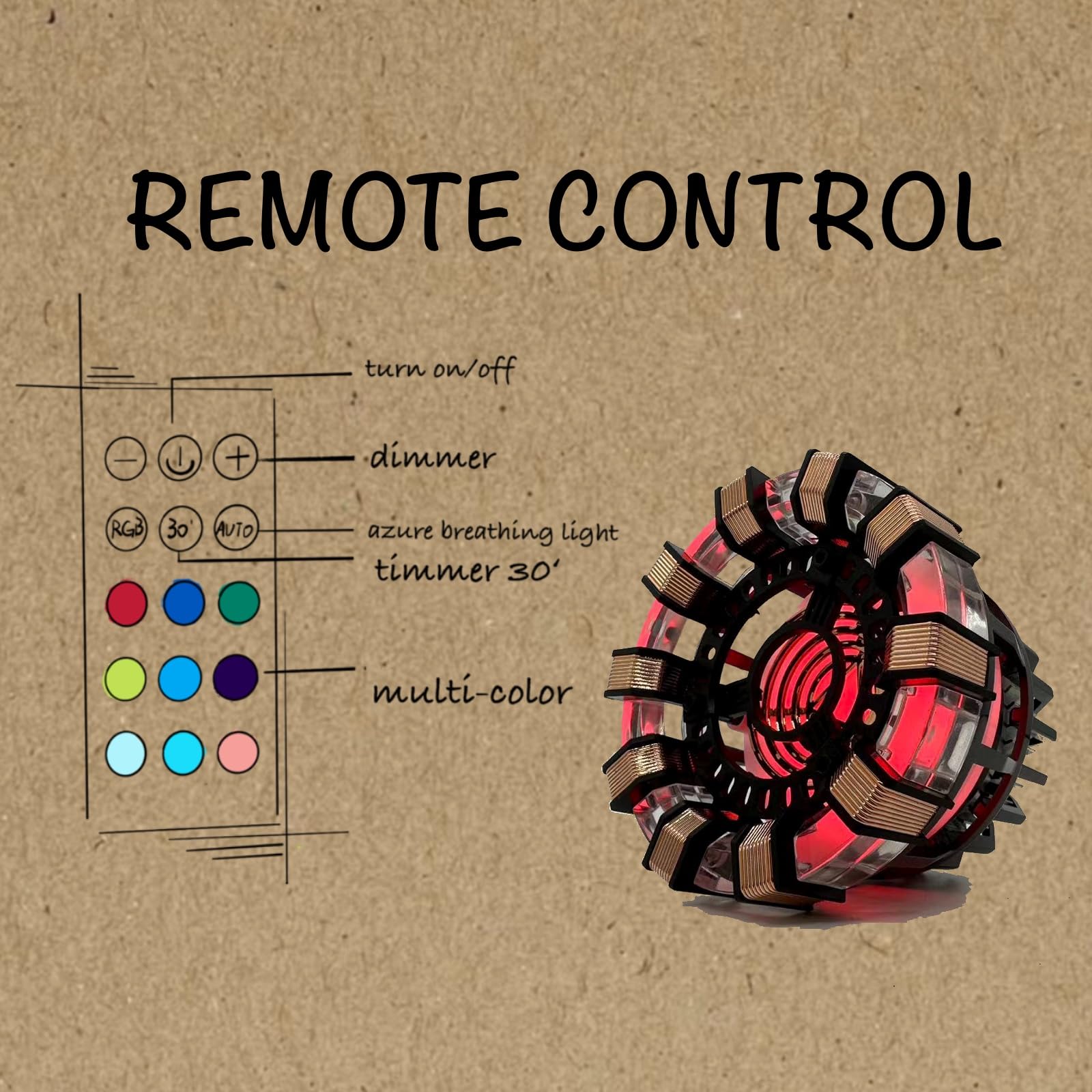 Moonacy Arc Reactor Light remote control for convenient color changes.