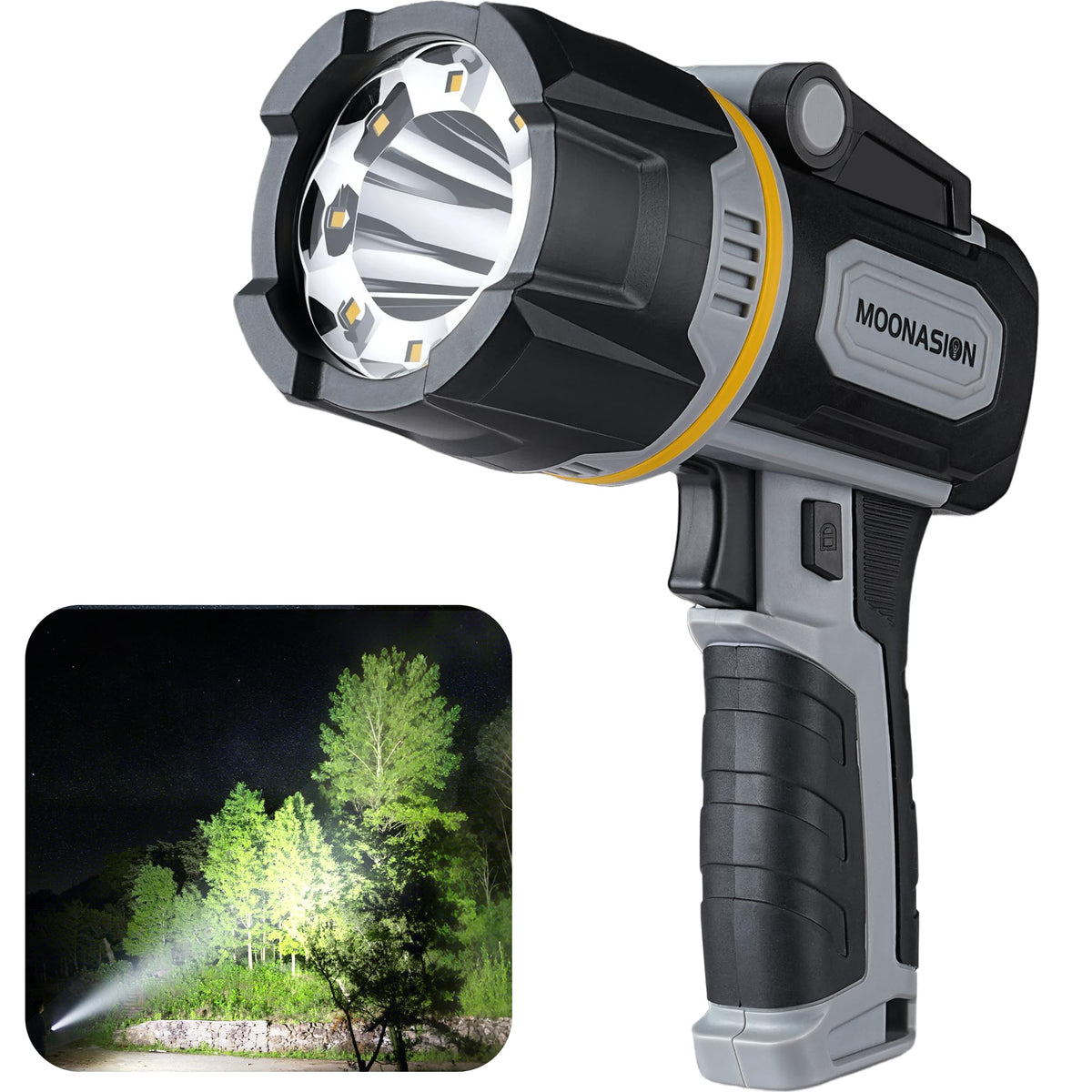 Moonasion Rechargeable Spotlight front view highlights 100000 lumens for wide outdoor visibility.