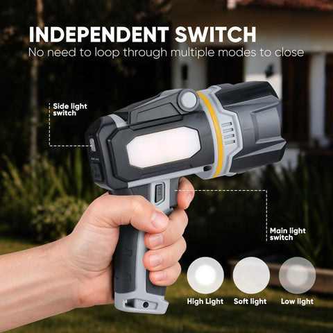 Moonasion Rechargeable Spotlight side-light mode provides versatile independent control for outdoor tasks.
