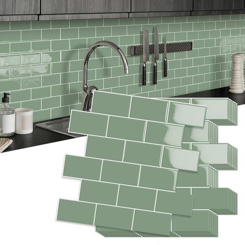 MOONFUN green subway tiles peel and stick close-up showing textured finish for easy backsplash.