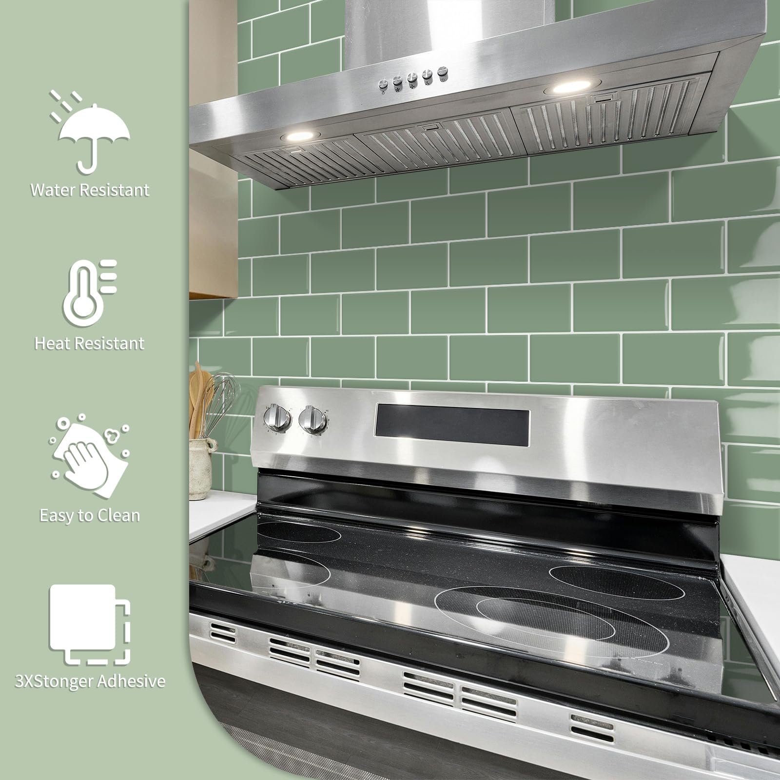 MOONFUN ten-sheet green backsplash packaging image highlighting affordable, quick room refresh.