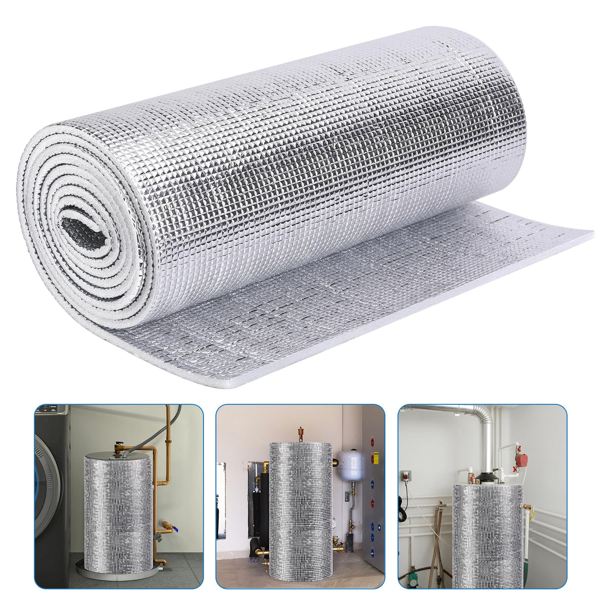 Moonoom water heater blanket cover on a silver unit improves insulation and warmth retention.
