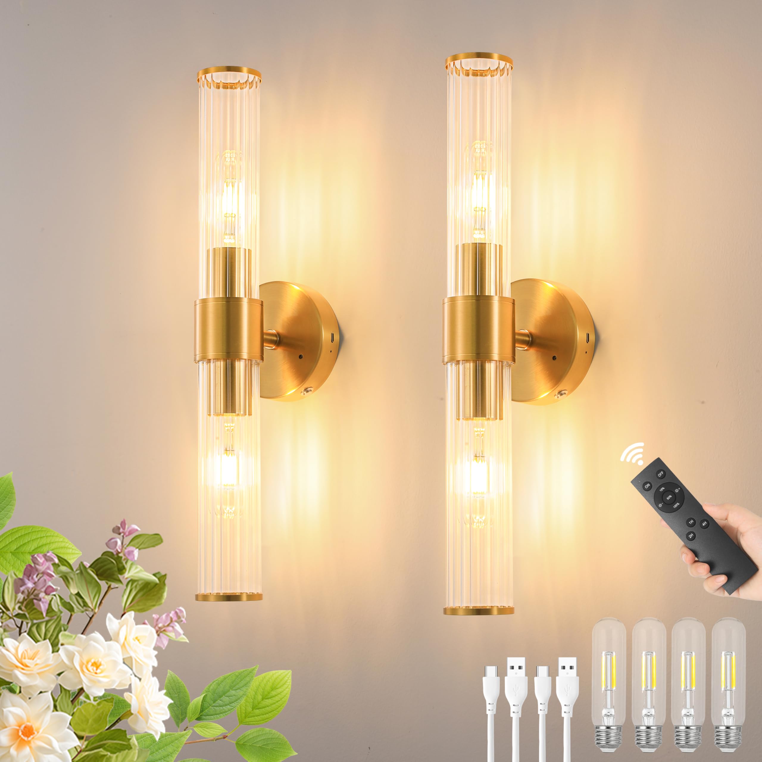Morauroral gold battery-operated wall sconce pair creates warm living room ambiance.