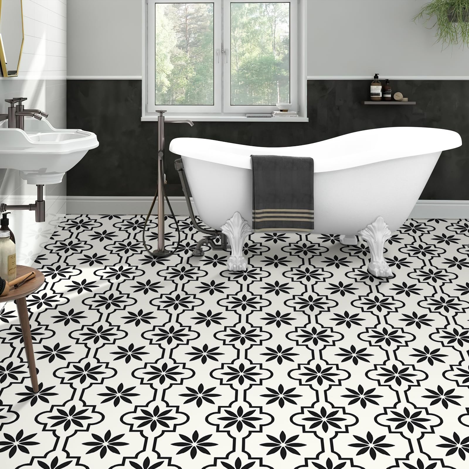 MORCART floor tile in living room showcases black and white contrast.