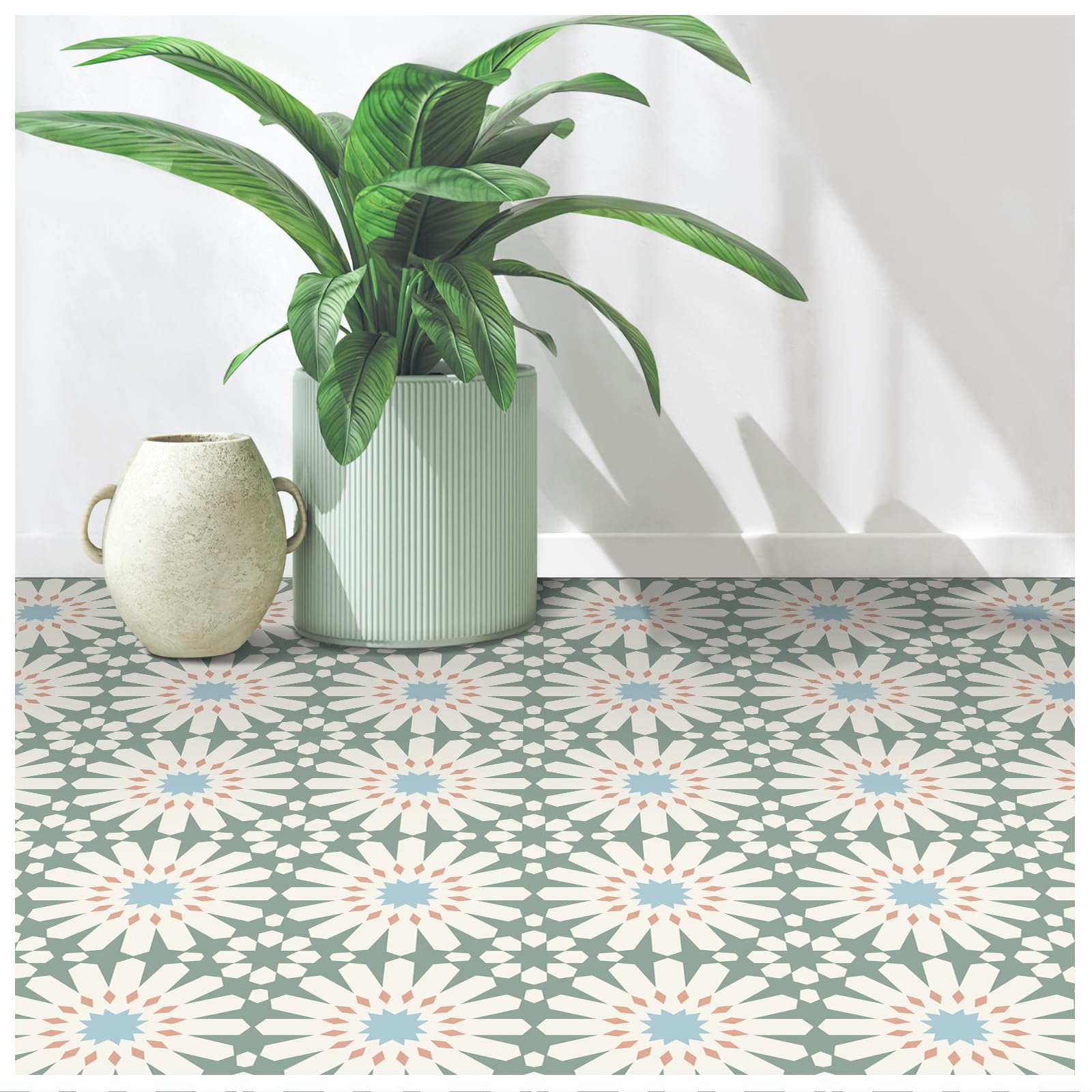 MORCART peel-and-stick floor tile with green and white floral look for stylish spaces.