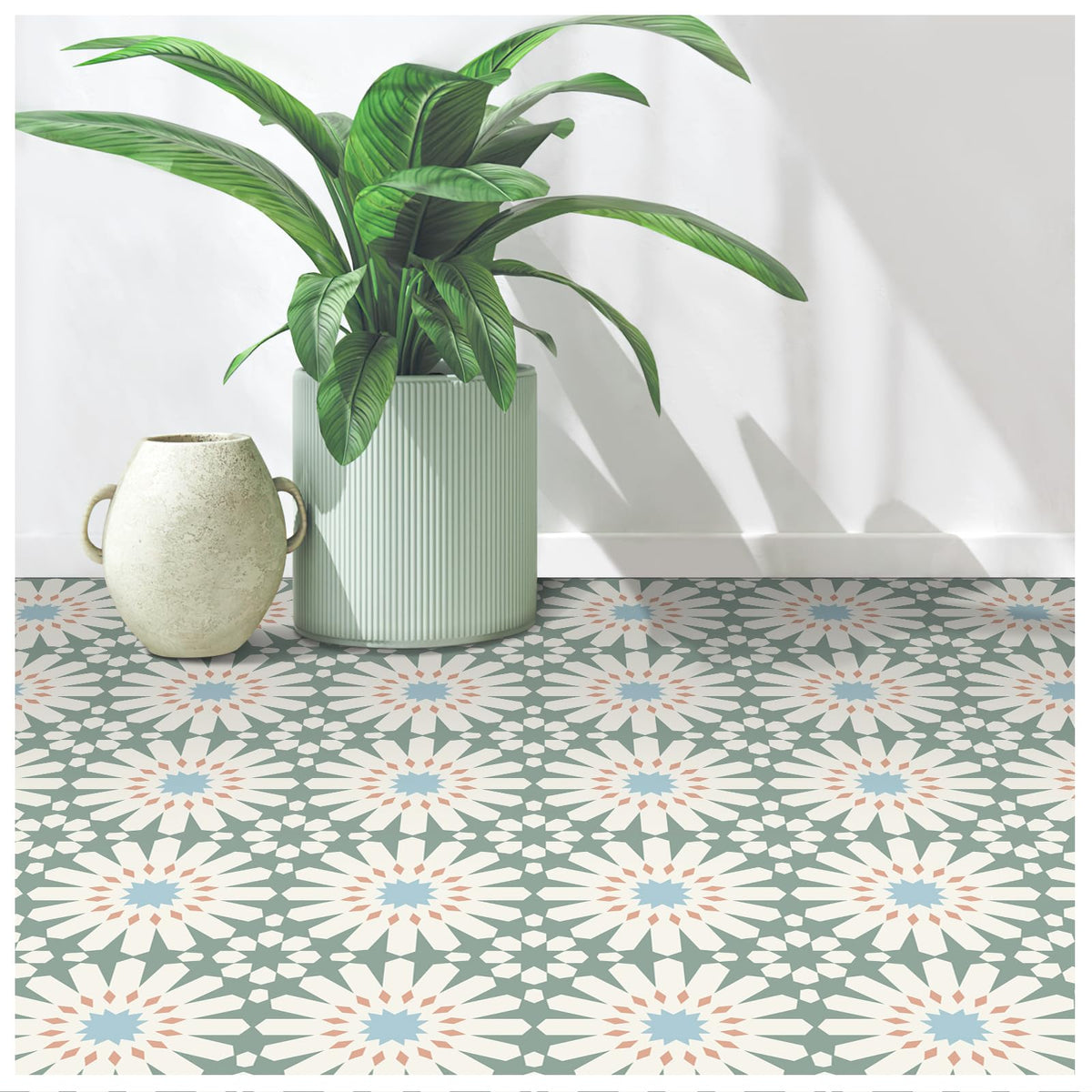MORCART peel-and-stick floor tile with green and white floral look for stylish spaces.