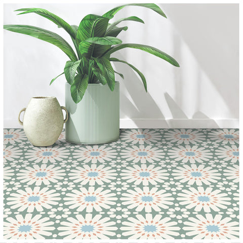 MORCART peel-and-stick floor tile with green and white floral look for stylish spaces.