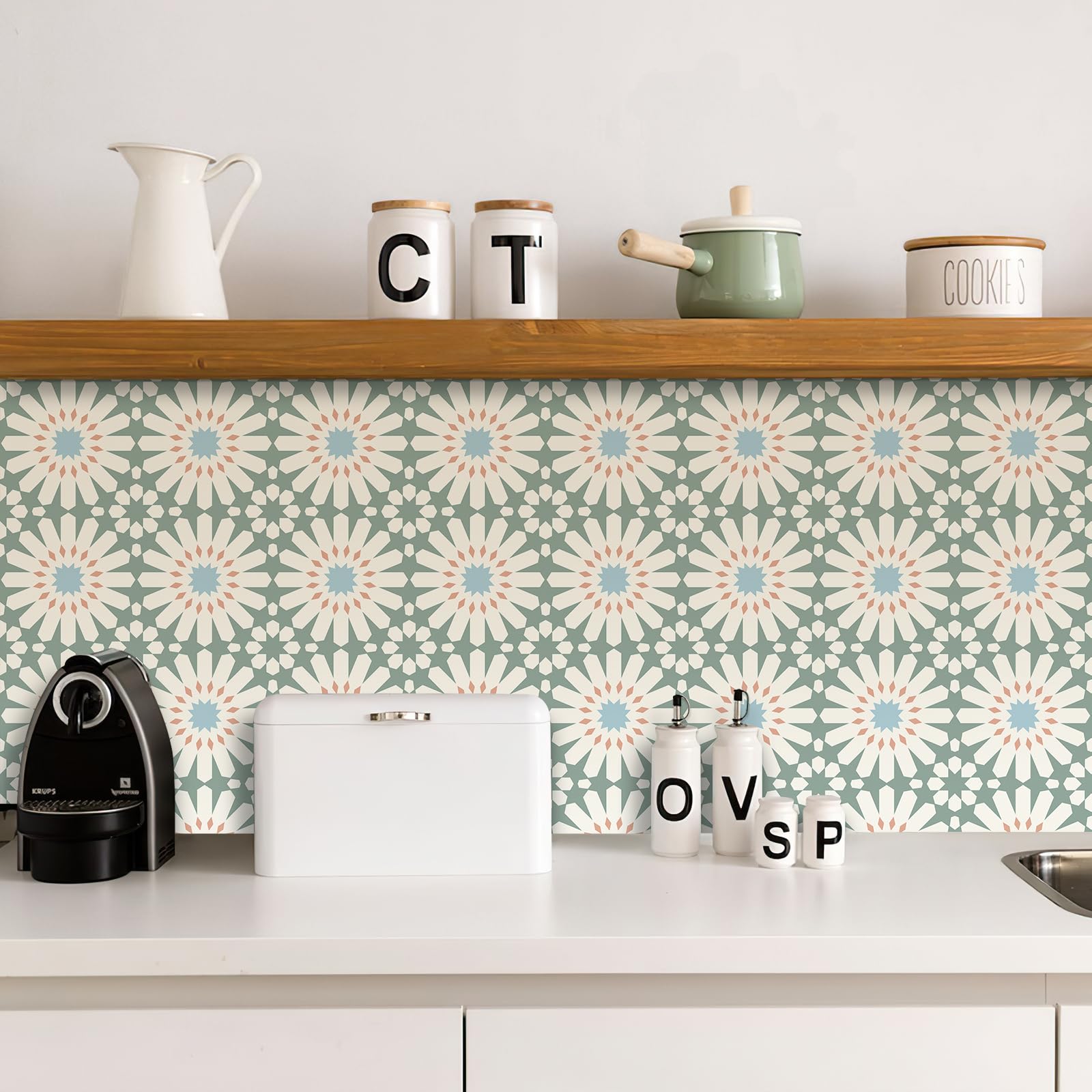 MORCART tiles shown in a bathroom/kitchen setup highlighting waterproof, non-slip properties.
