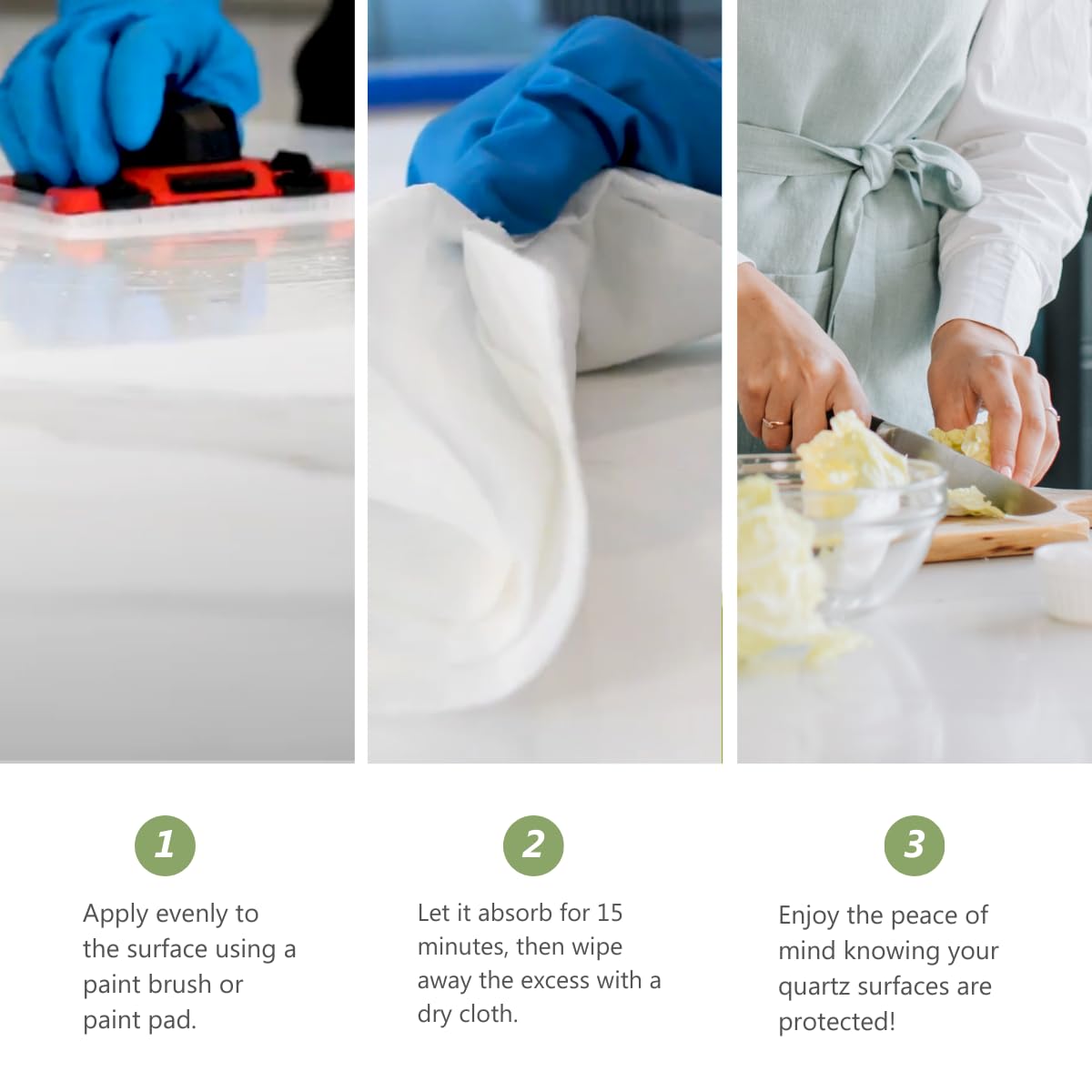 MORE Premium Quartz Sealer clear film on surface emphasizes invisible protection without altering appearance.