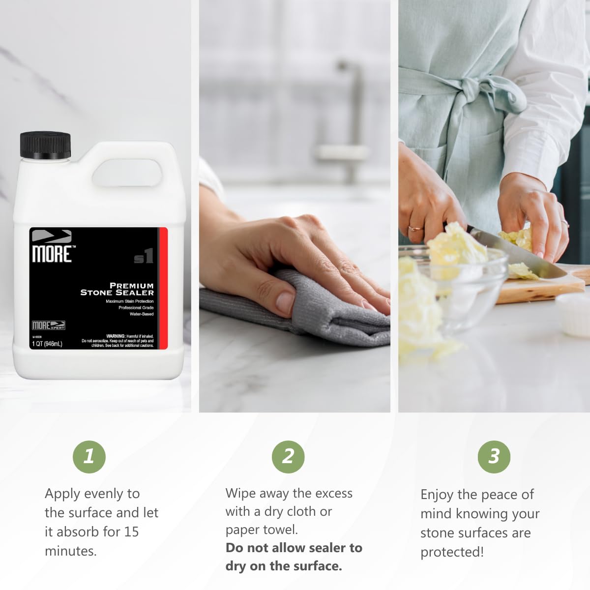 MORE Premium Stone Sealer usable indoors and outdoors on countertops, patios, and walls.