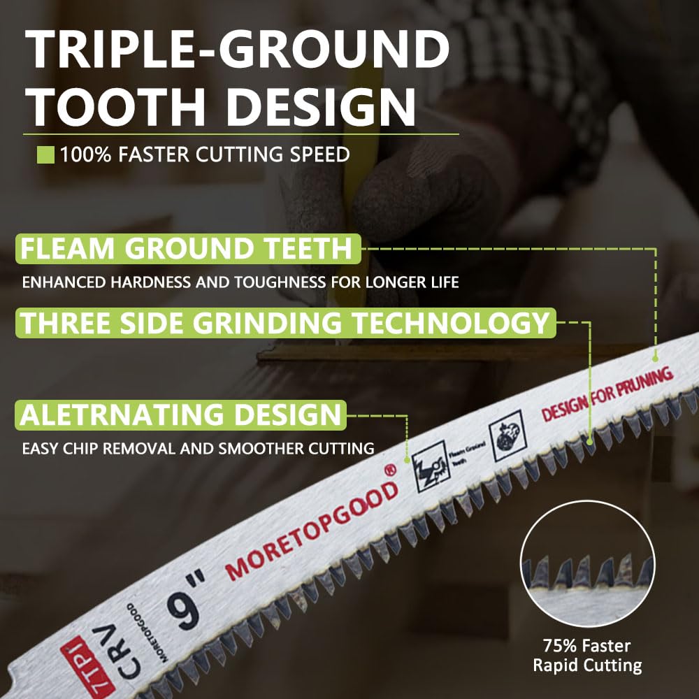 MORETOPGOOD curved-edge design reduces friction for cleaner cuts on larger branches.