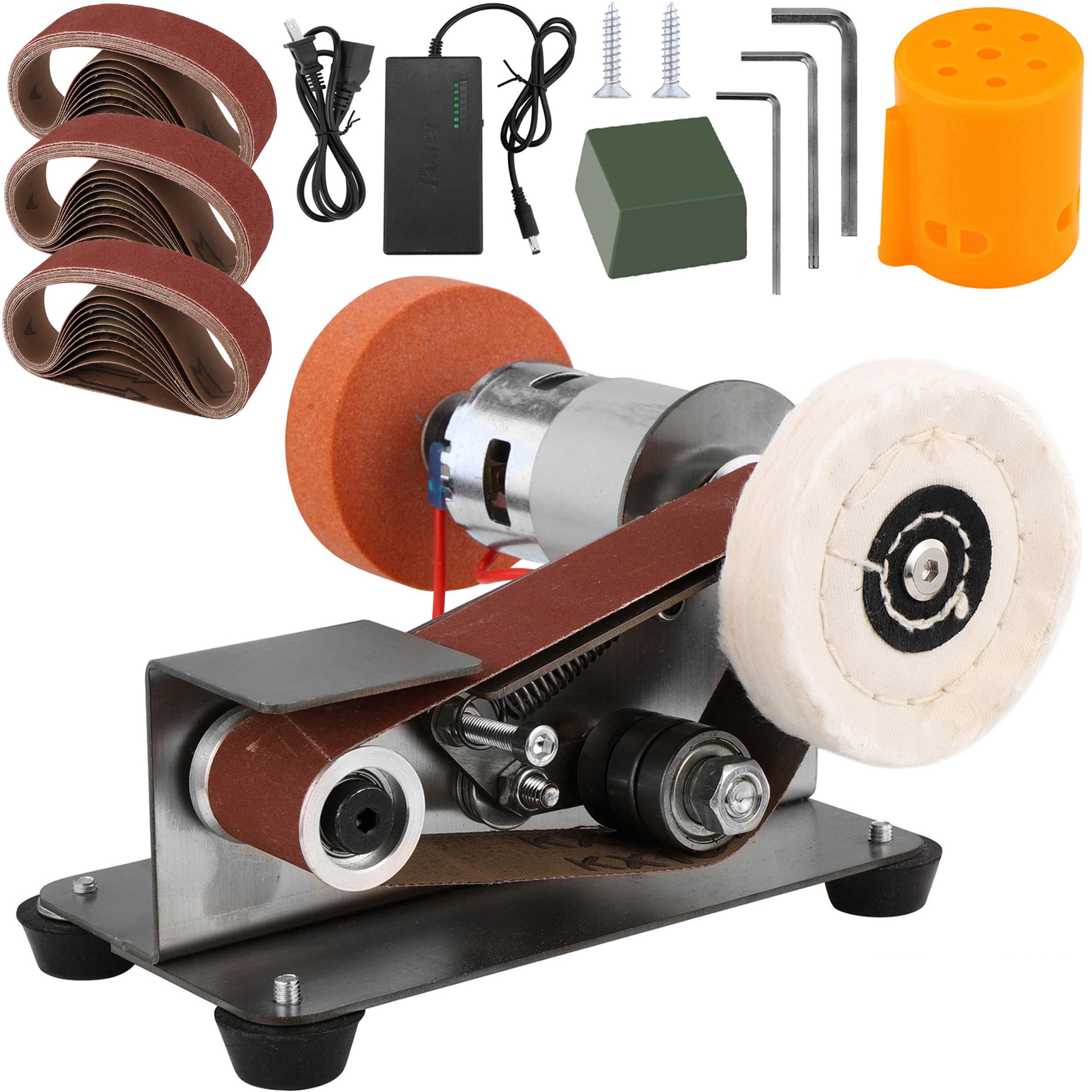 Mornajina mini belt sander front view highlighting durable stainless steel frame for knife making