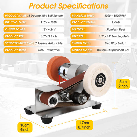 Mornajina mini belt sander side view shows compact footprint for workshop use