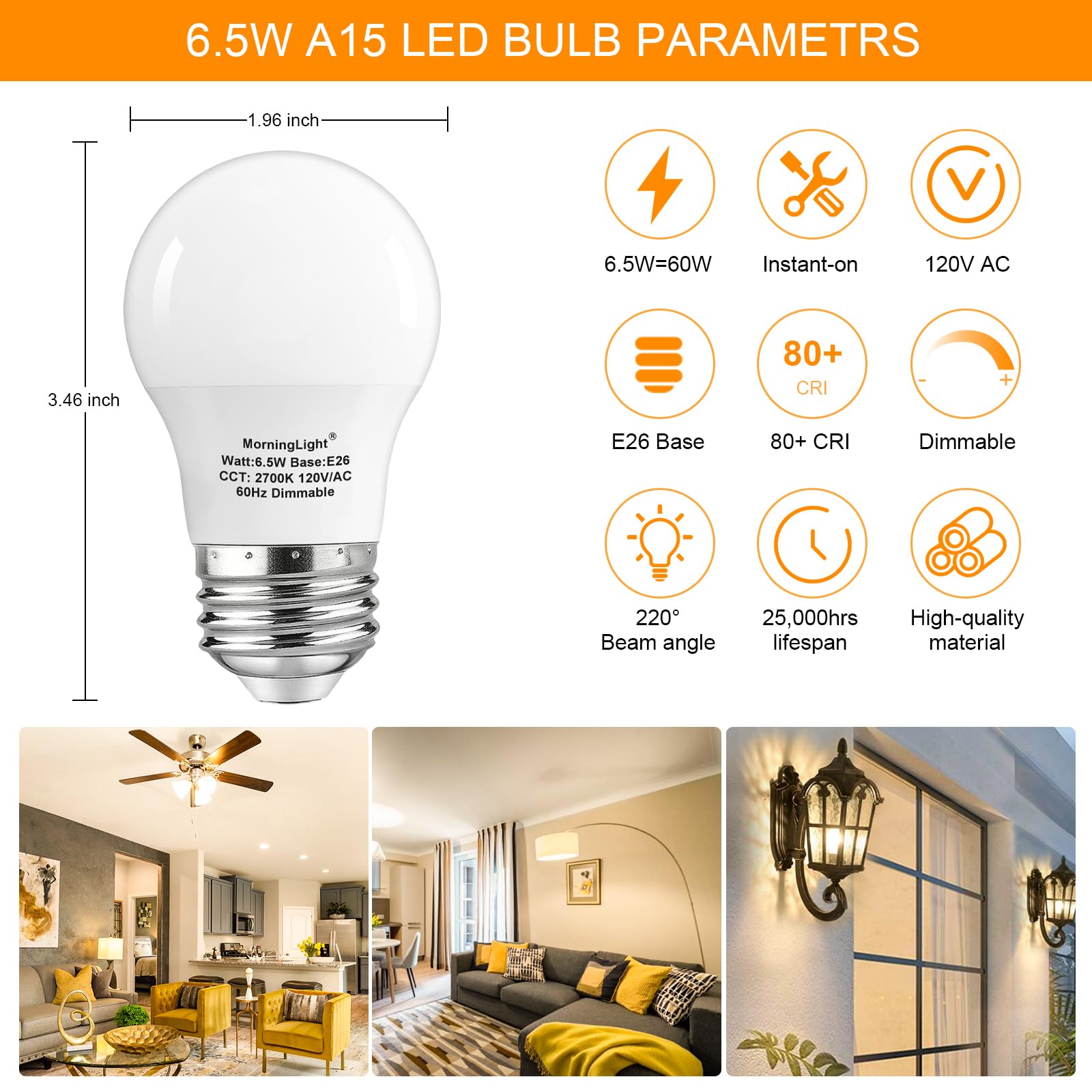 MorningLight A15 dimmable bulb with smooth brightness control for ambiance.