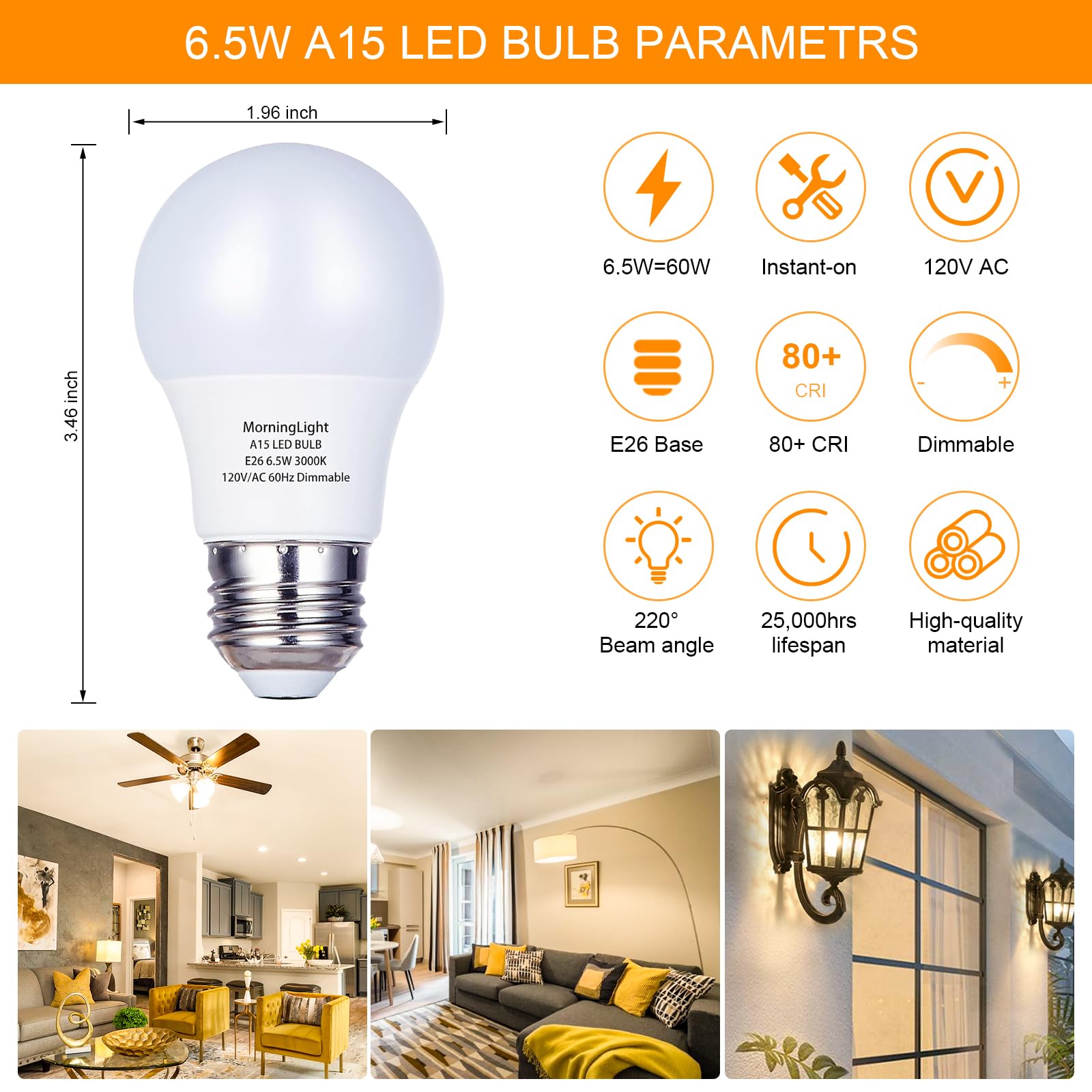 MorningLight A15 soft white 3000K glow ideal for living spaces.