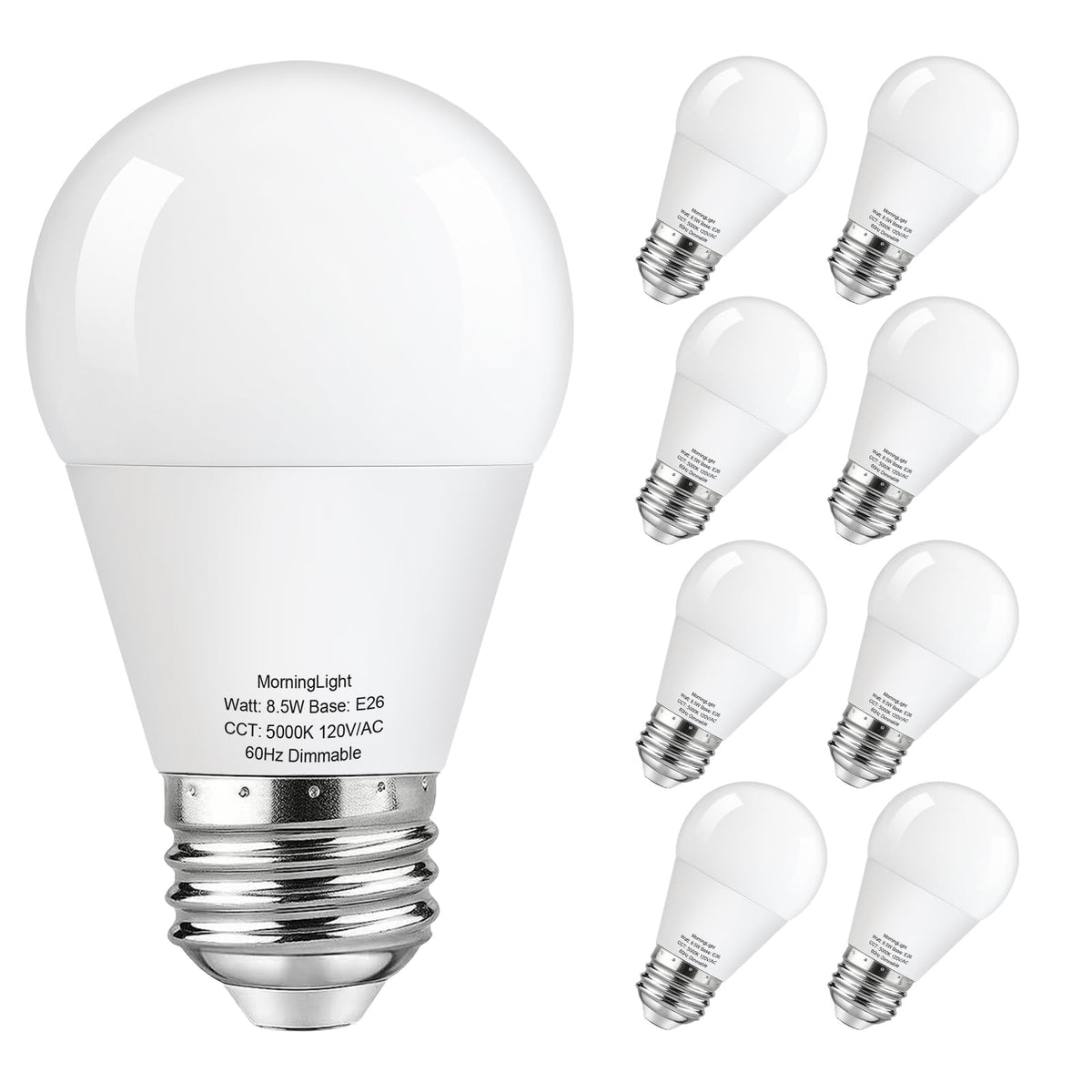MorningLight dimmable A15 bulb in eight-pack display, long-lasting energy savings.