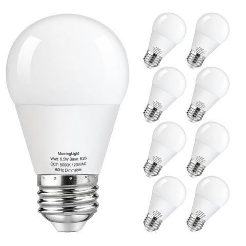 MorningLight dimmable A15 bulb in eight-pack display, long-lasting energy savings.