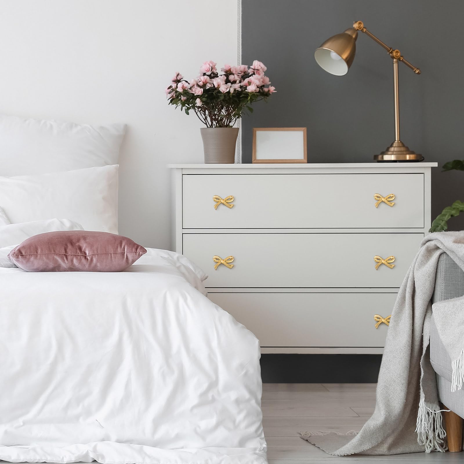 MorningRo bedroom cabinet bow knob set for a cohesive gilded look.