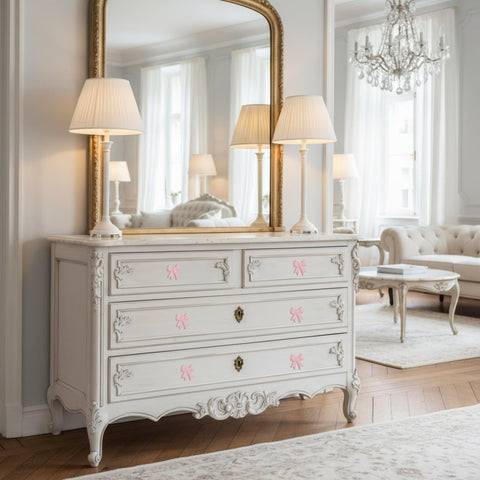 MorningRo pink bow pulls create a cohesive look across furniture pieces