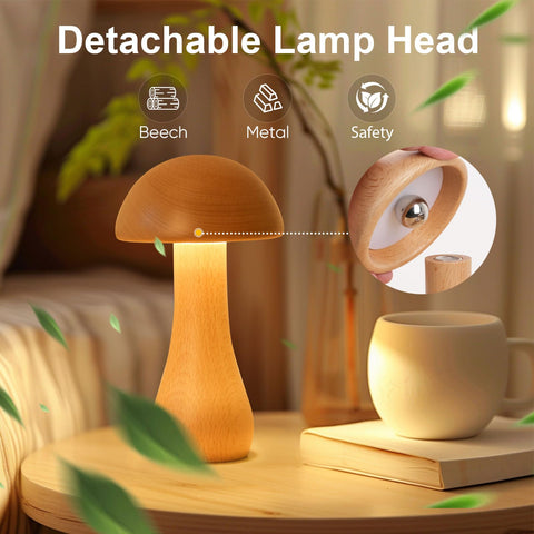 Moroommt mushroom lamp on nightstand delivers cordless, clutter-free lighting.
