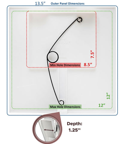 Morvat access panel installed in drywall demonstrates flexible 7.5x8.5 to 12x12 fit.