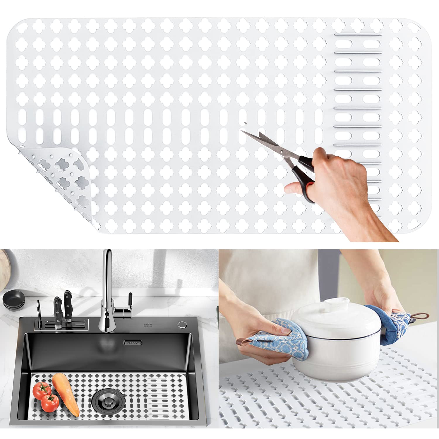 Moryimi silicone sink mat with drain hole cutouts protects the sink