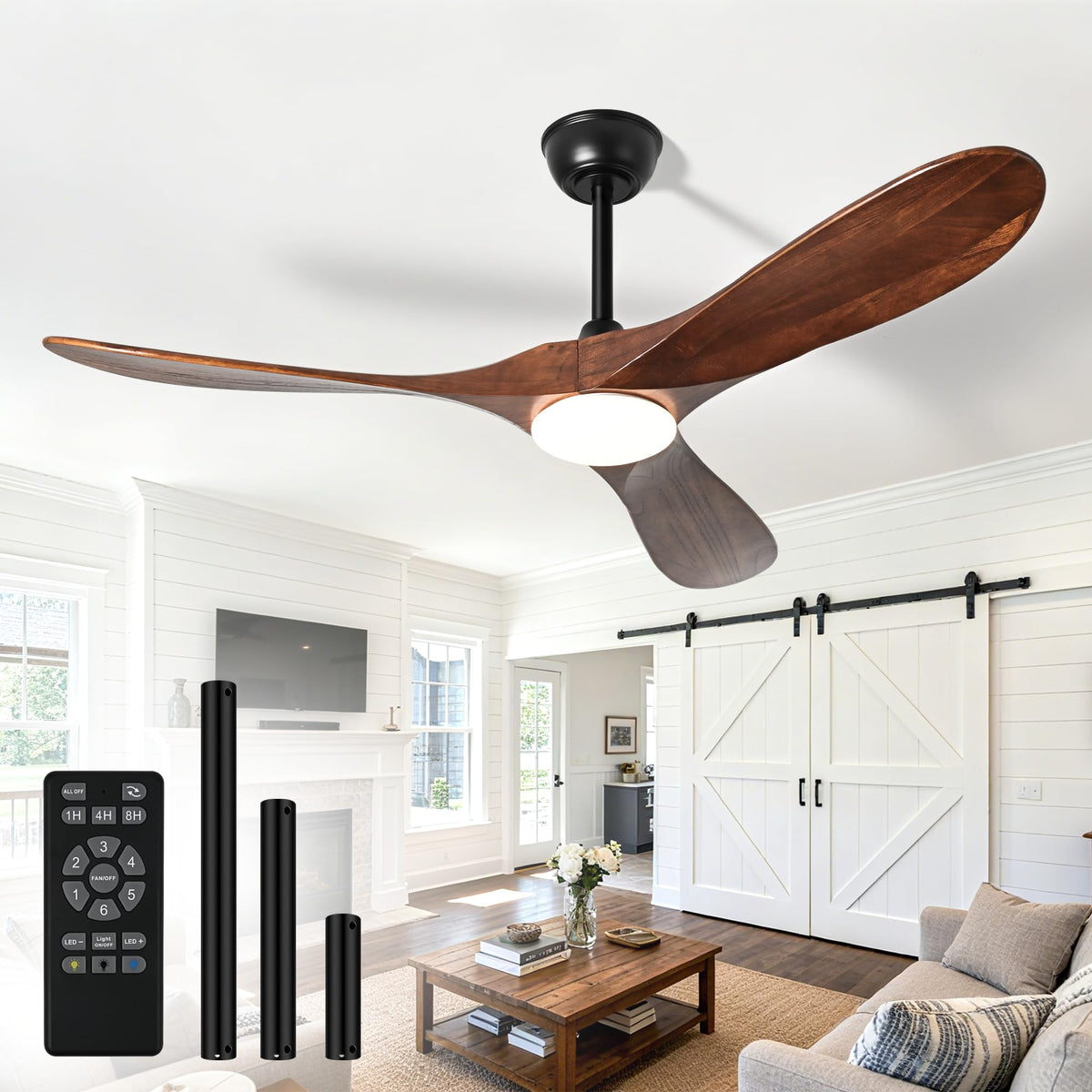 Mosanfan 52-inch ceiling fan with light and remote for versatile indoor and covered outdoor spaces.