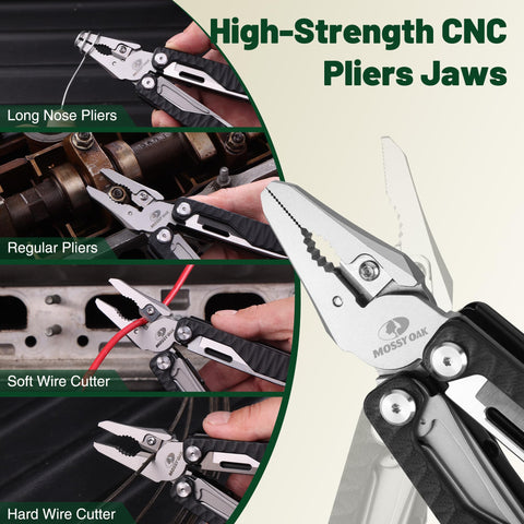 Mossy Oak 17in1 multitool with G10 handle offering anti-slip grip