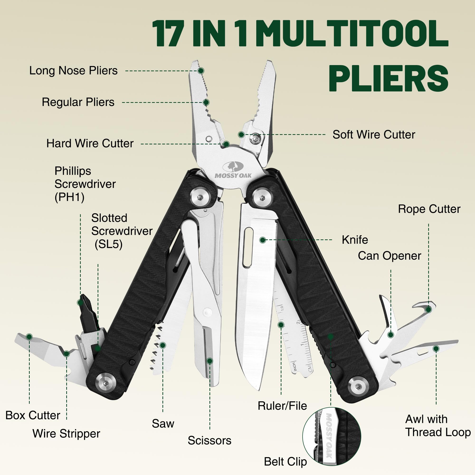 Mossy Oak 17in1 multitool knife ready for quick cutting on outdoor tasks