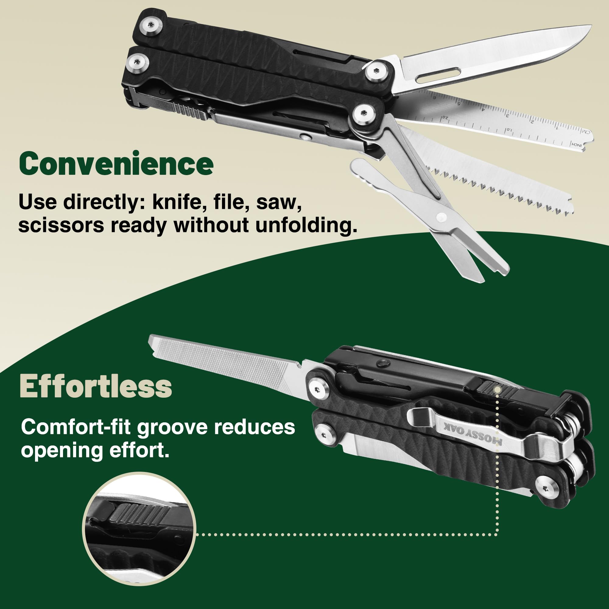 Mossy Oak 17in1 multitool scissors cutting fabric or cord smoothly