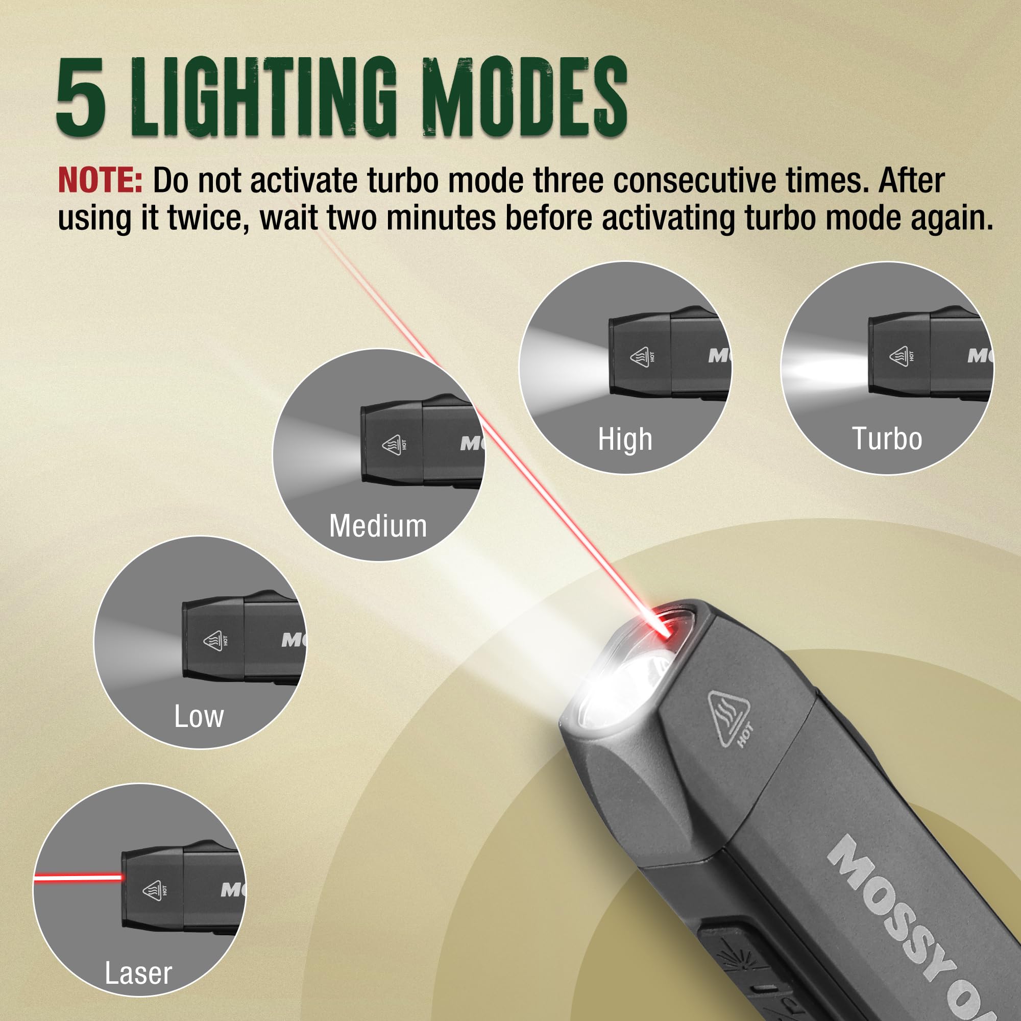 Mossy Oak Flat Flashlight with red laser pointer for precise targeting.