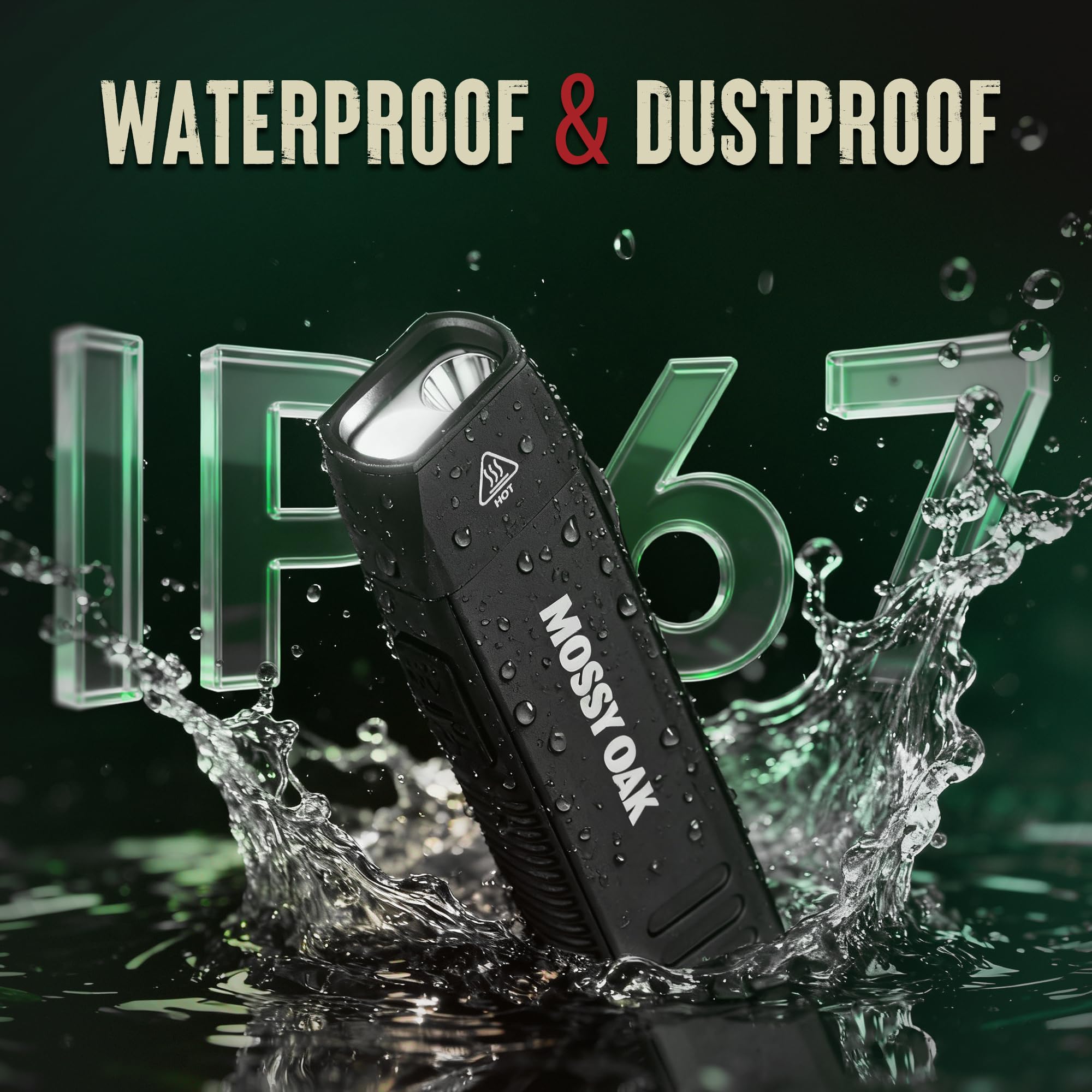 Mossy Oak IP67 waterproof flashlight stands up to rain, dust, and wet environments.