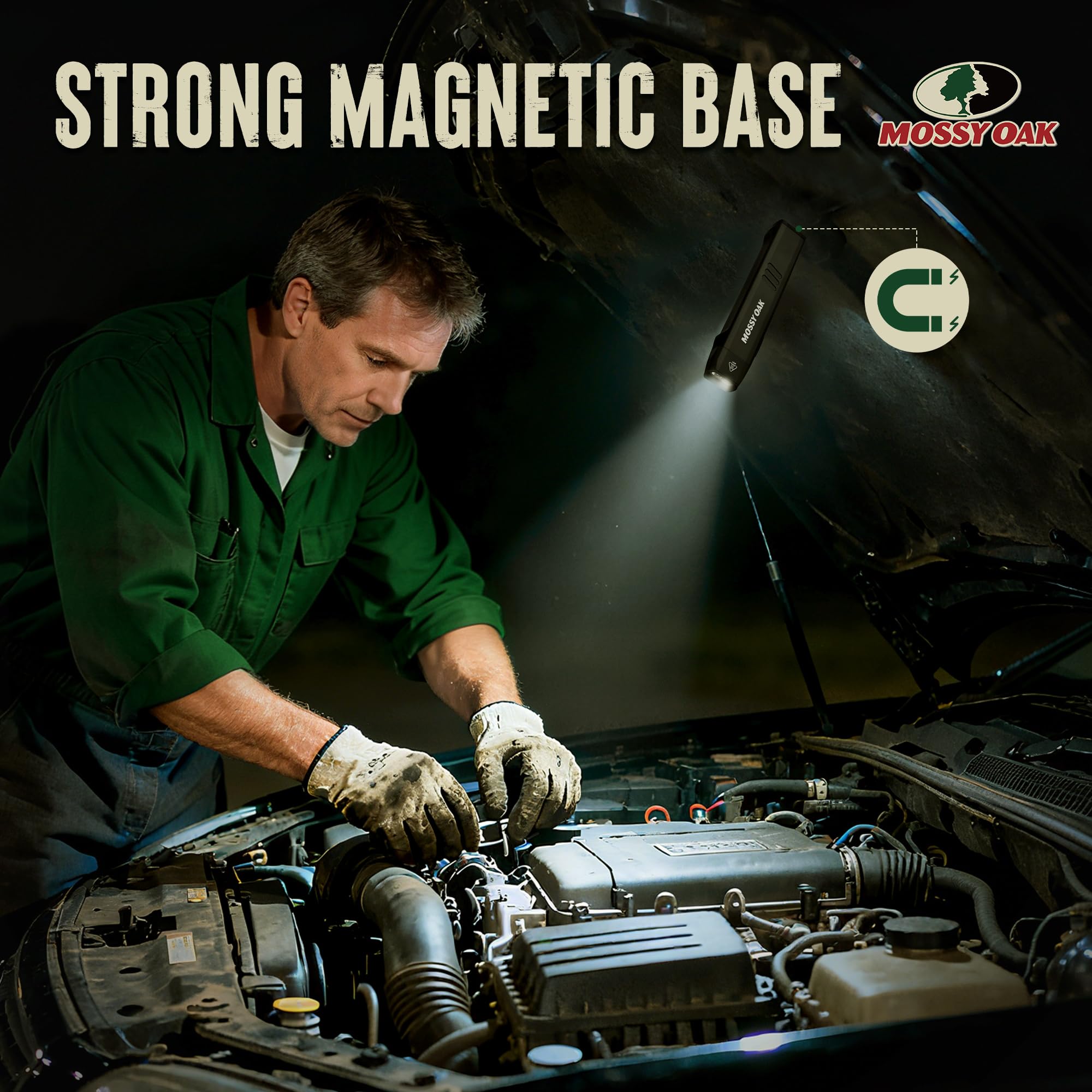 Mossy Oak magnetic-base flashlight attaches hands-free for precise lighting during repairs.
