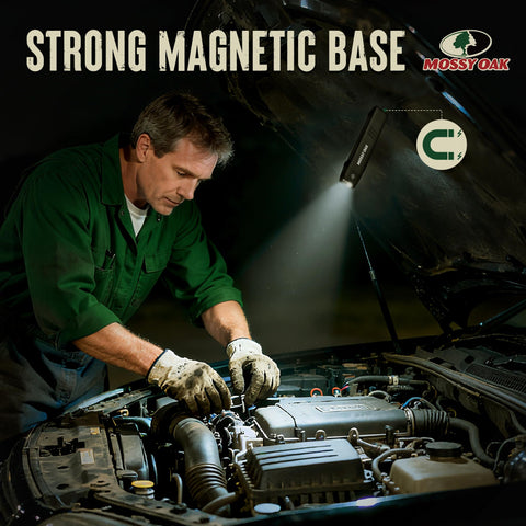 Mossy Oak magnetic-base flashlight attaches hands-free for precise lighting during repairs.