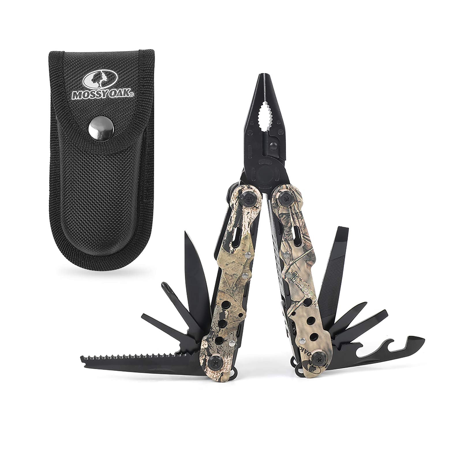 Mossy Oak 13-in-1 multitool open, ready for camping tasks.