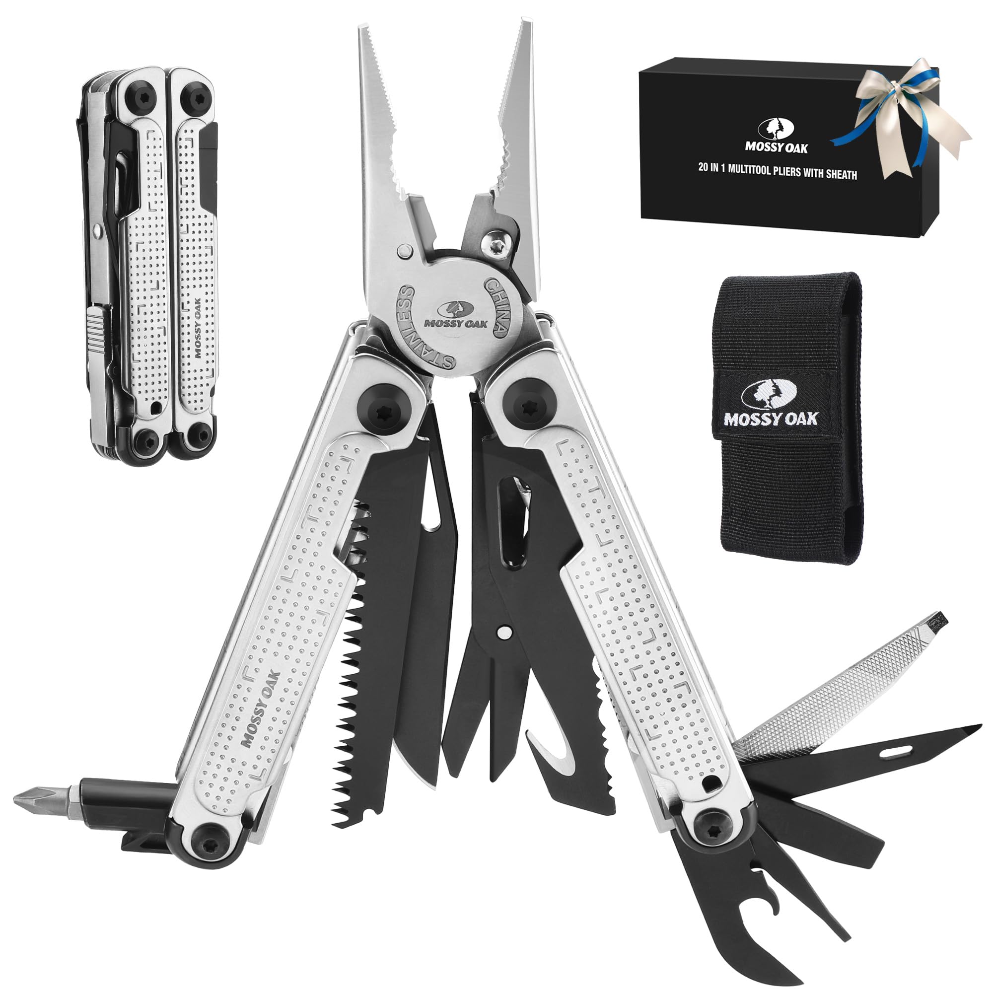 Mossy Oak Multitool 20-in-1: stainless steel pliers for versatile outdoor tasks.