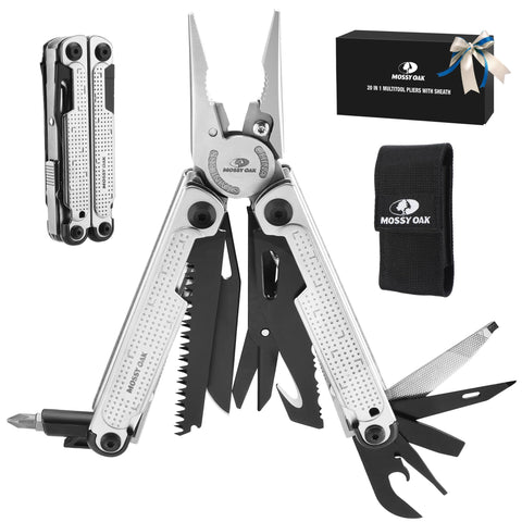 Mossy Oak Multitool 20-in-1: stainless steel pliers for versatile outdoor tasks.
